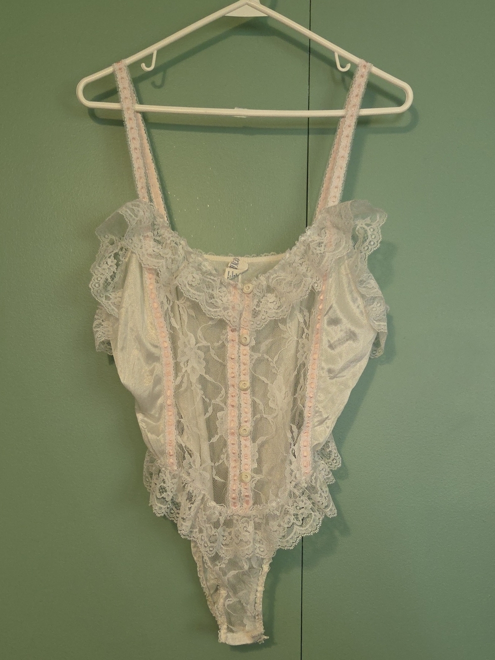 Vintage Lace Ruffle Bodysuit Teddy Lingerie White And Pink Size Medium